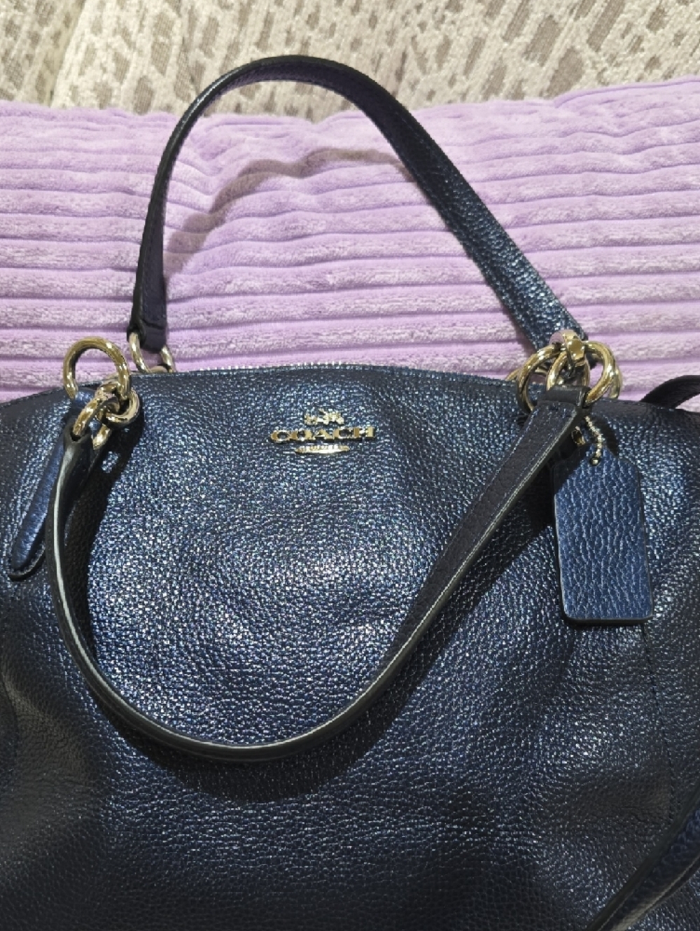 Coach Pebbled Leather Shoulder Satchel - Metallic Navy Blue - Picture 5 of 15